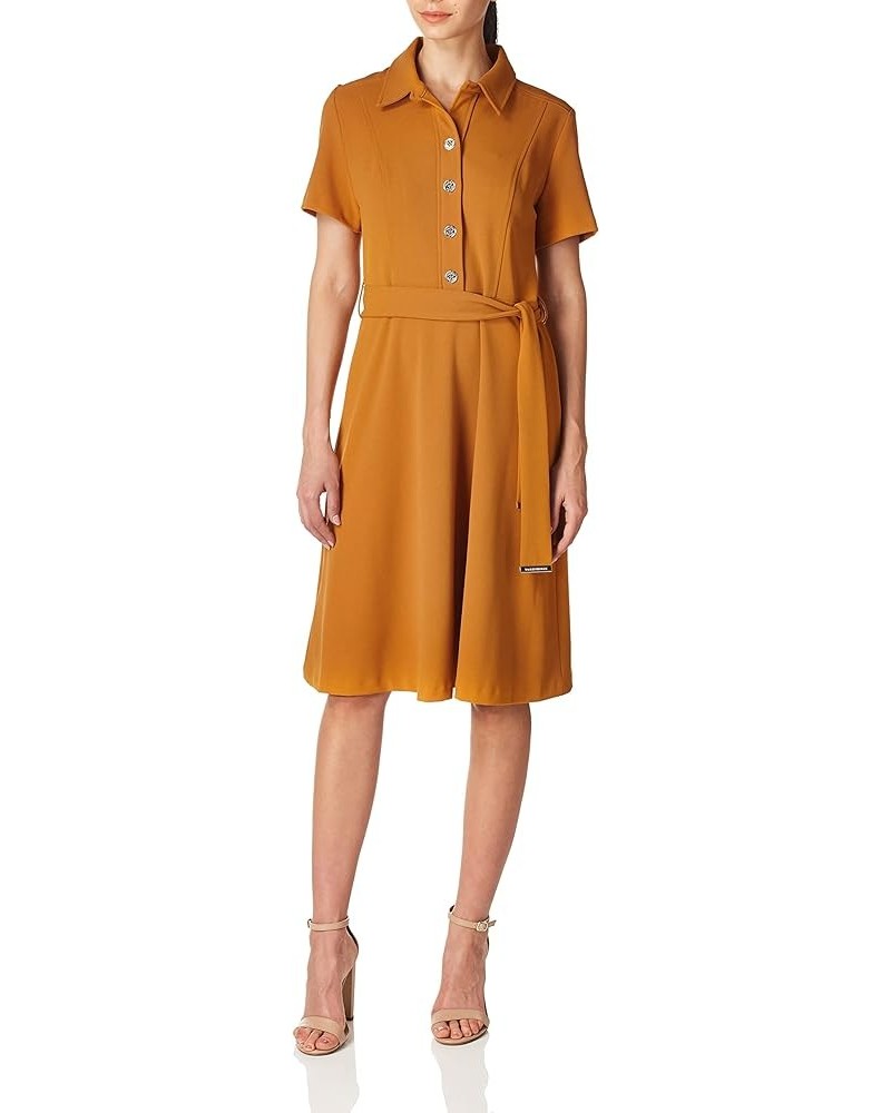 Women's Collared Button-up Midi Dress with Waist Tie Amber $31.45 Dresses