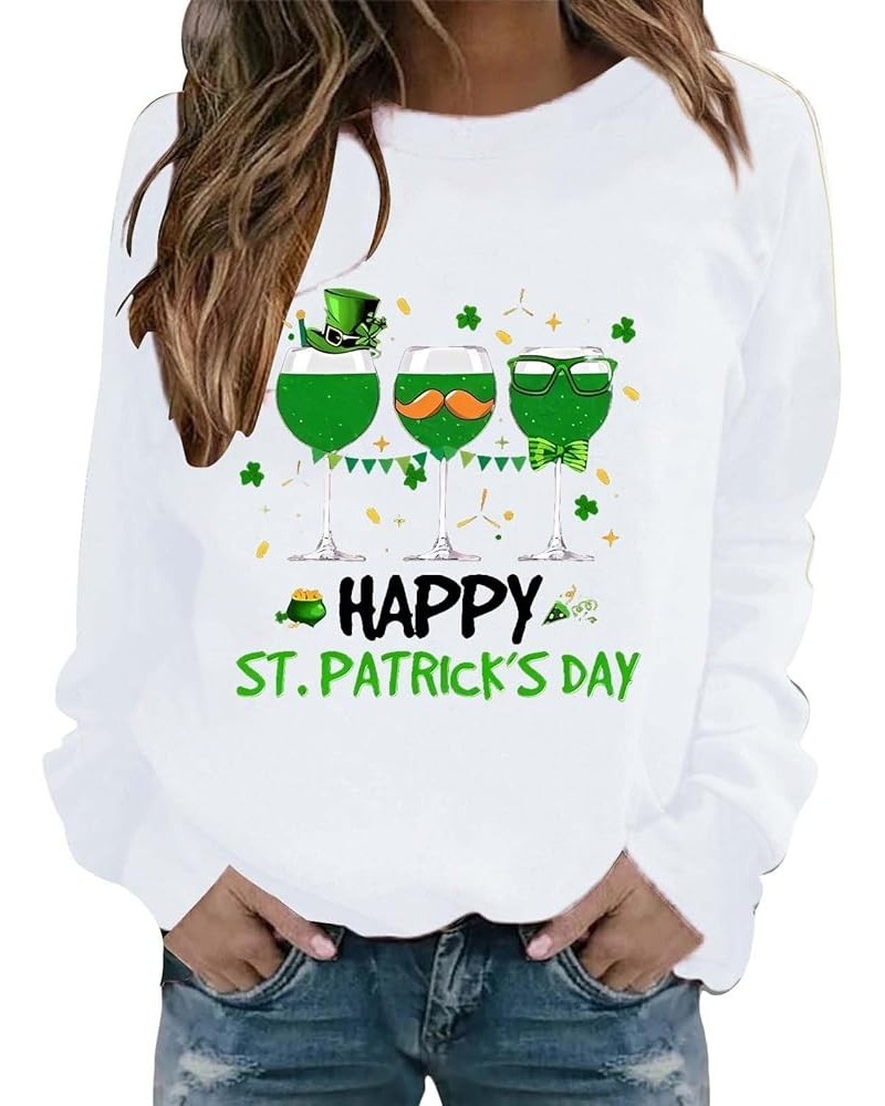 Womens St. Patrick's Day Clover Printed Hoodies Irish Shamrock Green Sweatshirt Long Sleeve Round Neck Pullover Tops White 3 ...