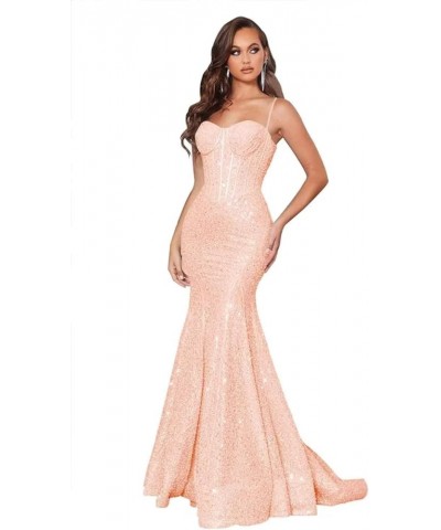 Mermaid Sequin Prom Dress Sparkly Spaghetti Straps Ball Gown Satin Formal Evening Dresses Pleated Rose Gold $35.47 Dresses