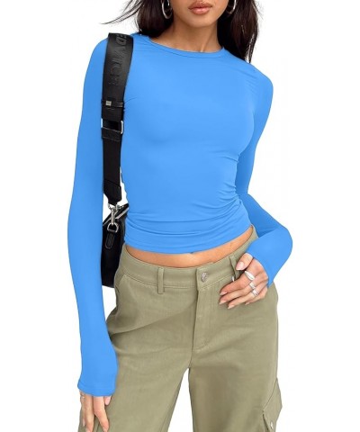 Women's Sexy Long Sleeve Crop Top Crew Neck Fitted Basic Tees Tight Cropped T-Shirts Blouse Streetwear Blue $7.68 T-Shirts