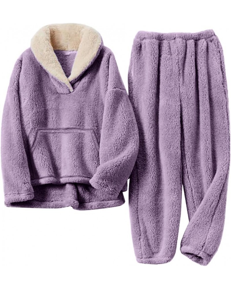 Women' s Fluffy Fleece Pajamas Set Winter 2 Piece Plush Pullover and Pants Loungewear Sleepwear with Pockets 01purple $12.59 ...