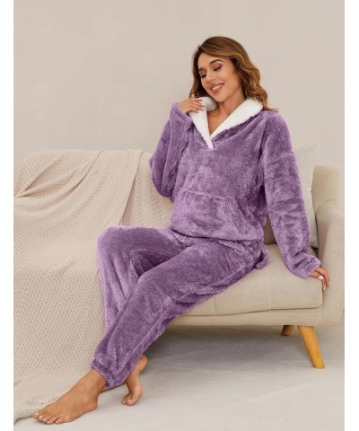 Women' s Fluffy Fleece Pajamas Set Winter 2 Piece Plush Pullover and Pants Loungewear Sleepwear with Pockets 01purple $12.59 ...