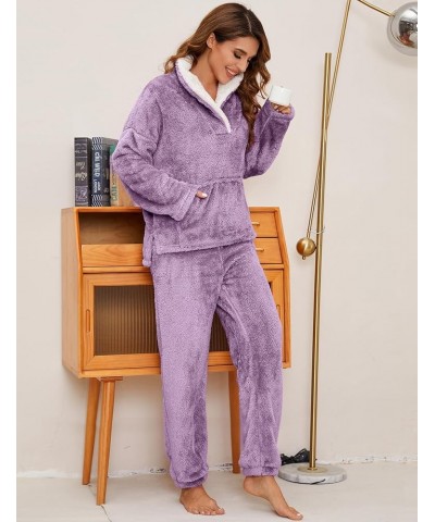 Women' s Fluffy Fleece Pajamas Set Winter 2 Piece Plush Pullover and Pants Loungewear Sleepwear with Pockets 01purple $12.59 ...