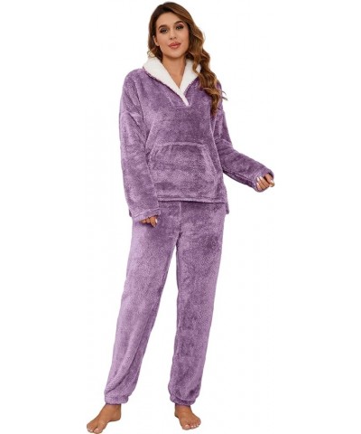 Women' s Fluffy Fleece Pajamas Set Winter 2 Piece Plush Pullover and Pants Loungewear Sleepwear with Pockets 01purple $12.59 ...