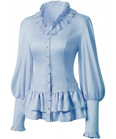 Women Vintage Victorian Long Sleeve Corset Top Lace Ruffled Blouse Stand Collar Shirts Blue $15.96 Blouses