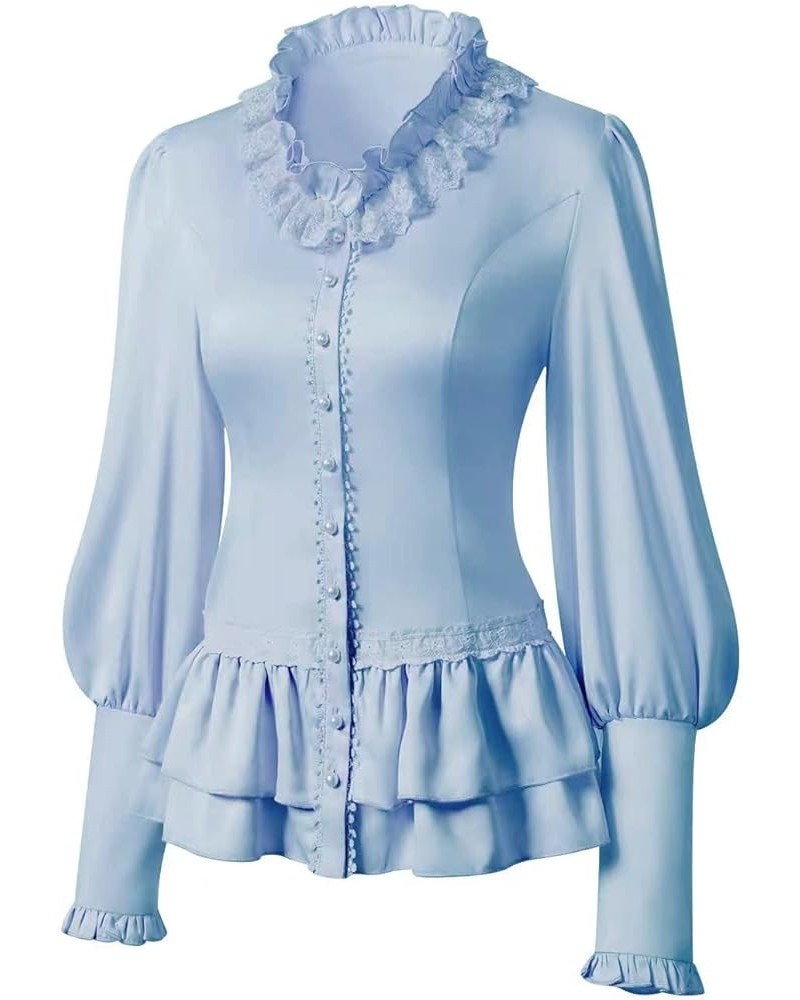 Women Vintage Victorian Long Sleeve Corset Top Lace Ruffled Blouse Stand Collar Shirts Blue $15.96 Blouses