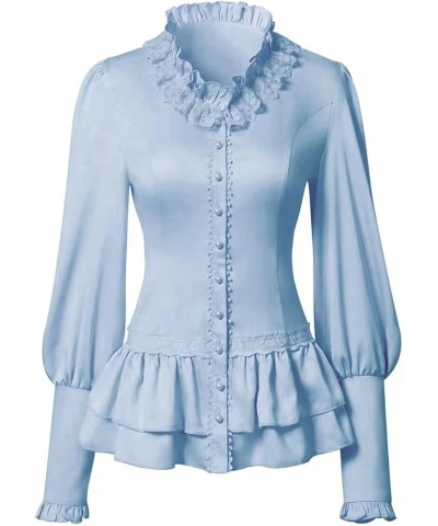 Women Vintage Victorian Long Sleeve Corset Top Lace Ruffled Blouse Stand Collar Shirts Blue $15.96 Blouses