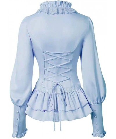 Women Vintage Victorian Long Sleeve Corset Top Lace Ruffled Blouse Stand Collar Shirts Blue $15.96 Blouses