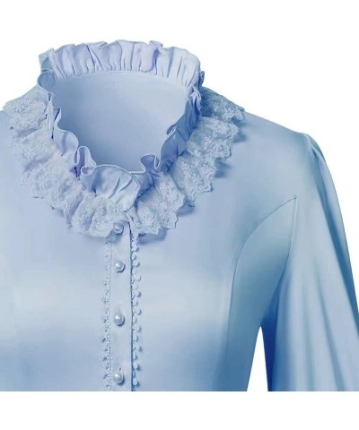 Women Vintage Victorian Long Sleeve Corset Top Lace Ruffled Blouse Stand Collar Shirts Blue $15.96 Blouses