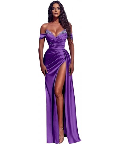 Women's Beaded Satin Prom Dresses Long with Slit Pleated Mermaid Formal Evening Dress Purple $30.10 Dresses