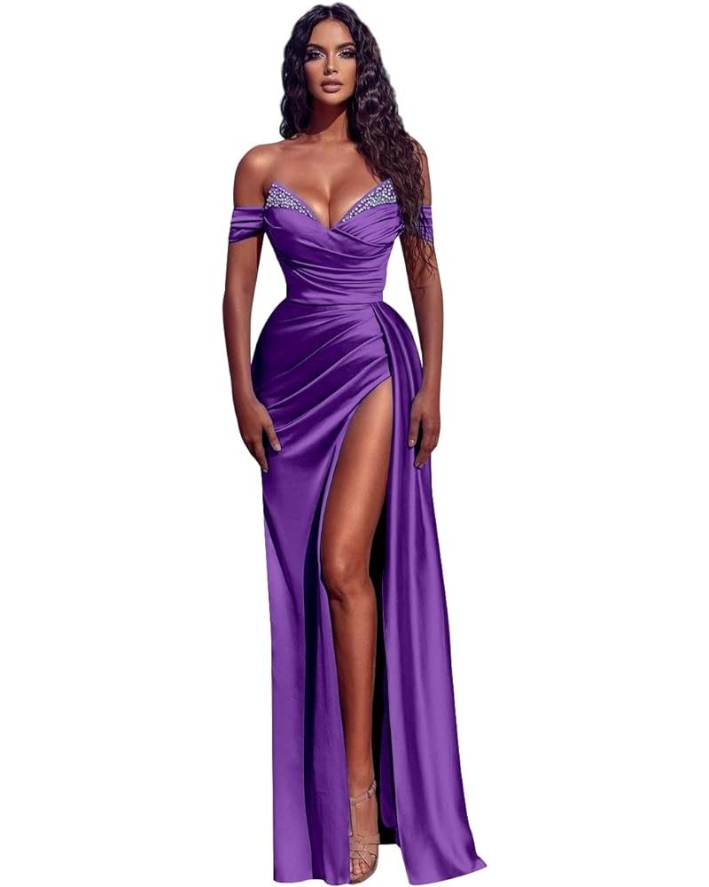 Women's Beaded Satin Prom Dresses Long with Slit Pleated Mermaid Formal Evening Dress Purple $30.10 Dresses