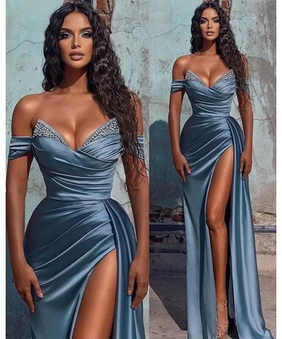 Women's Beaded Satin Prom Dresses Long with Slit Pleated Mermaid Formal Evening Dress Purple $30.10 Dresses