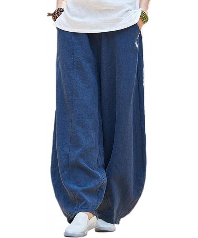 Women's Casual Cotton Linen Baggy Pants with Elastic Waist Relax Fit Lantern Trouser Navy Blue $25.51 Pants