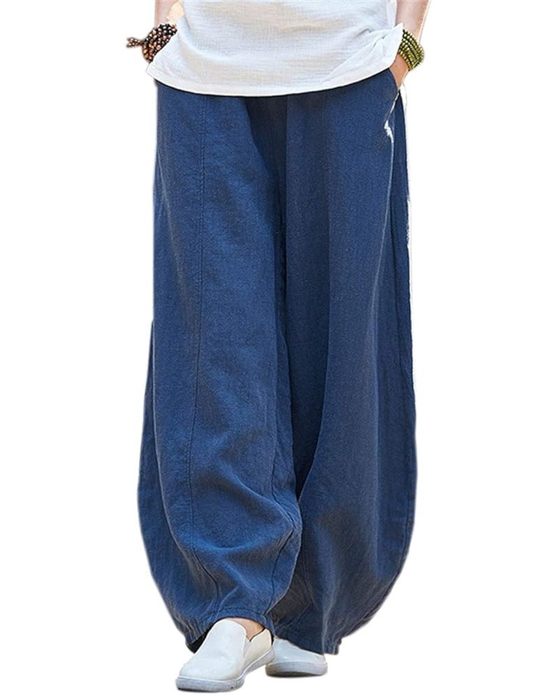 Women's Casual Cotton Linen Baggy Pants with Elastic Waist Relax Fit Lantern Trouser Navy Blue $25.51 Pants