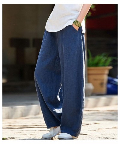 Women's Casual Cotton Linen Baggy Pants with Elastic Waist Relax Fit Lantern Trouser Navy Blue $25.51 Pants