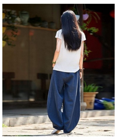 Women's Casual Cotton Linen Baggy Pants with Elastic Waist Relax Fit Lantern Trouser Navy Blue $25.51 Pants