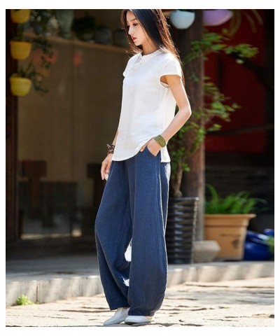 Women's Casual Cotton Linen Baggy Pants with Elastic Waist Relax Fit Lantern Trouser Navy Blue $25.51 Pants