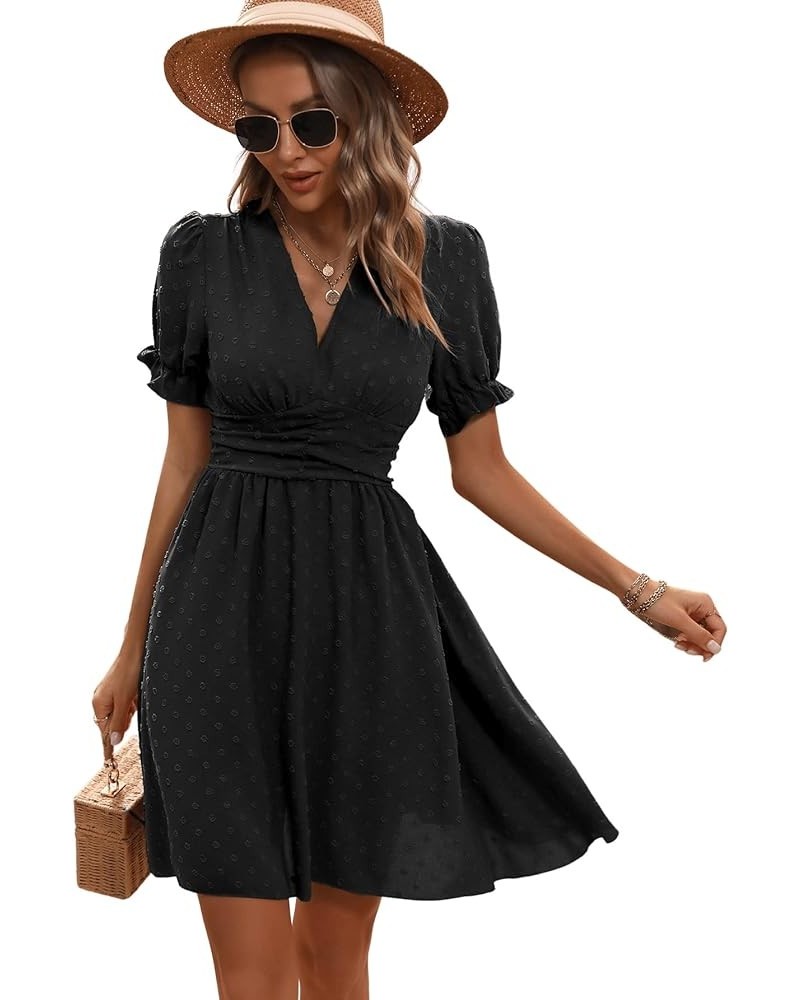 Women's V Neck Short Puff Sleeve Dress Swiss Dots Ruched A Line Short Dresses Black $26.67 Dresses