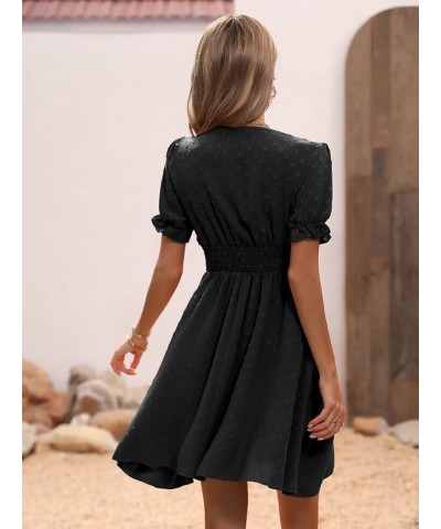 Women's V Neck Short Puff Sleeve Dress Swiss Dots Ruched A Line Short Dresses Black $26.67 Dresses