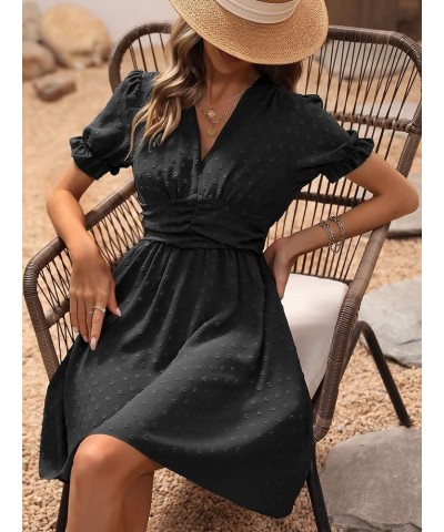 Women's V Neck Short Puff Sleeve Dress Swiss Dots Ruched A Line Short Dresses Black $26.67 Dresses