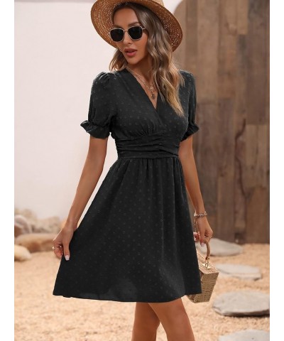 Women's V Neck Short Puff Sleeve Dress Swiss Dots Ruched A Line Short Dresses Black $26.67 Dresses