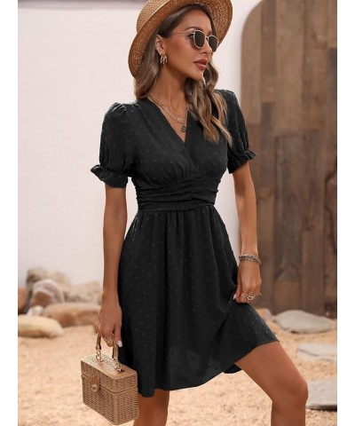 Women's V Neck Short Puff Sleeve Dress Swiss Dots Ruched A Line Short Dresses Black $26.67 Dresses