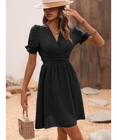 Women's V Neck Short Puff Sleeve Dress Swiss Dots Ruched A Line Short Dresses Black $26.67 Dresses