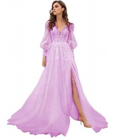 Long Sleeve Tulle Prom Dresses Long Lace Applique Ball Gown 2024 A Line Wedding Evening Party Gowns Lilac $44.52 Dresses