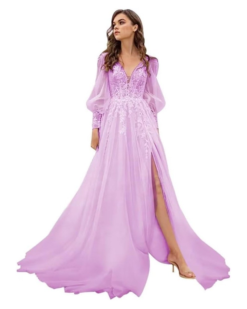 Long Sleeve Tulle Prom Dresses Long Lace Applique Ball Gown 2024 A Line Wedding Evening Party Gowns Lilac $44.52 Dresses