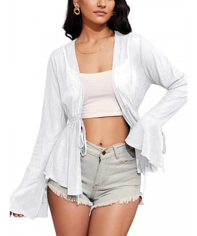 Women Tie Front Cardigan Long Sleeve Sheer Mesh Shrug Tie Top Lightweight Bolero Shrugs for Dresses Cover Ups A-white $10.59 ...