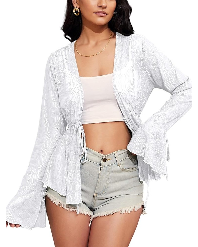 Women Tie Front Cardigan Long Sleeve Sheer Mesh Shrug Tie Top Lightweight Bolero Shrugs for Dresses Cover Ups A-white $10.59 ...