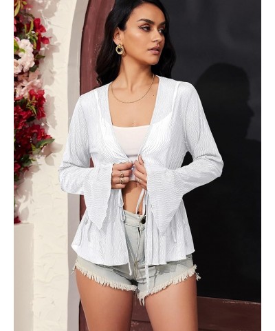 Women Tie Front Cardigan Long Sleeve Sheer Mesh Shrug Tie Top Lightweight Bolero Shrugs for Dresses Cover Ups A-white $10.59 ...