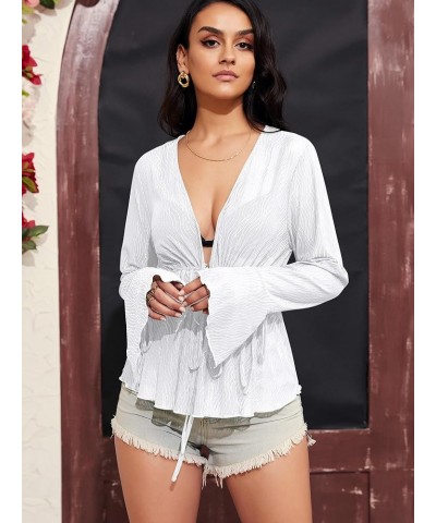 Women Tie Front Cardigan Long Sleeve Sheer Mesh Shrug Tie Top Lightweight Bolero Shrugs for Dresses Cover Ups A-white $10.59 ...