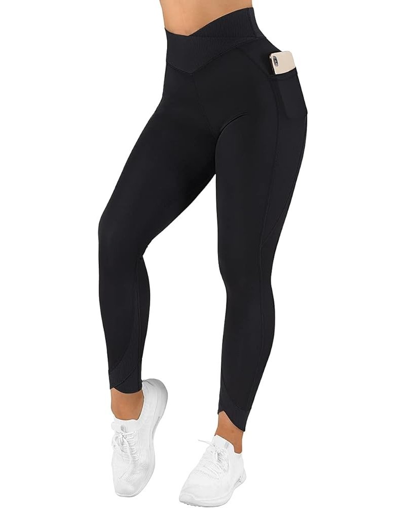 Women Butt Lifting Capri Leggings with Pockets 7/8 Length Twist High Waisted Yoga Pants 7 Crossover Black $15.63 Activewear