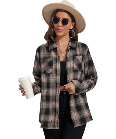 Plaid Flannel Shirt for Women Oversized Long Sleeve Button Down Shirts Casual Loose Blouse Tops Black Brown Plaid $9.20 Blouses