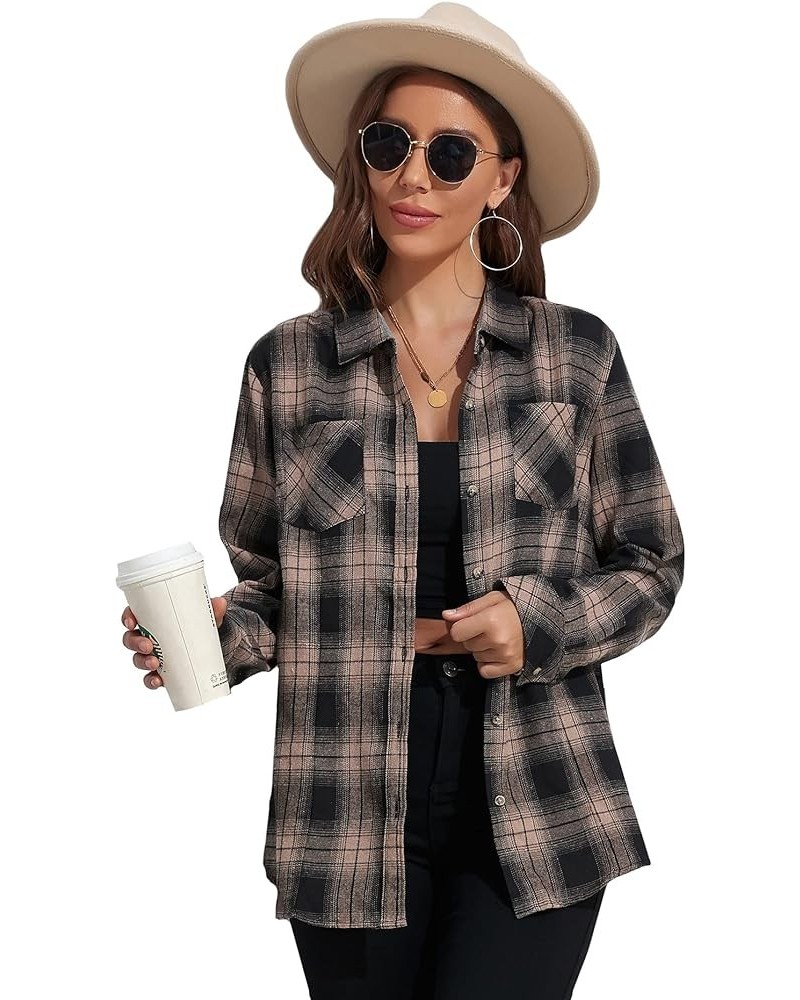 Plaid Flannel Shirt for Women Oversized Long Sleeve Button Down Shirts Casual Loose Blouse Tops Black Brown Plaid $9.20 Blouses