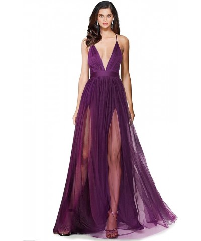 Alluring deep v-Neckline Spaghetti Straps Criss-Cross Open Back Tulle Dual Front Slits Evening Prom Formal Dress Grape $35.25...