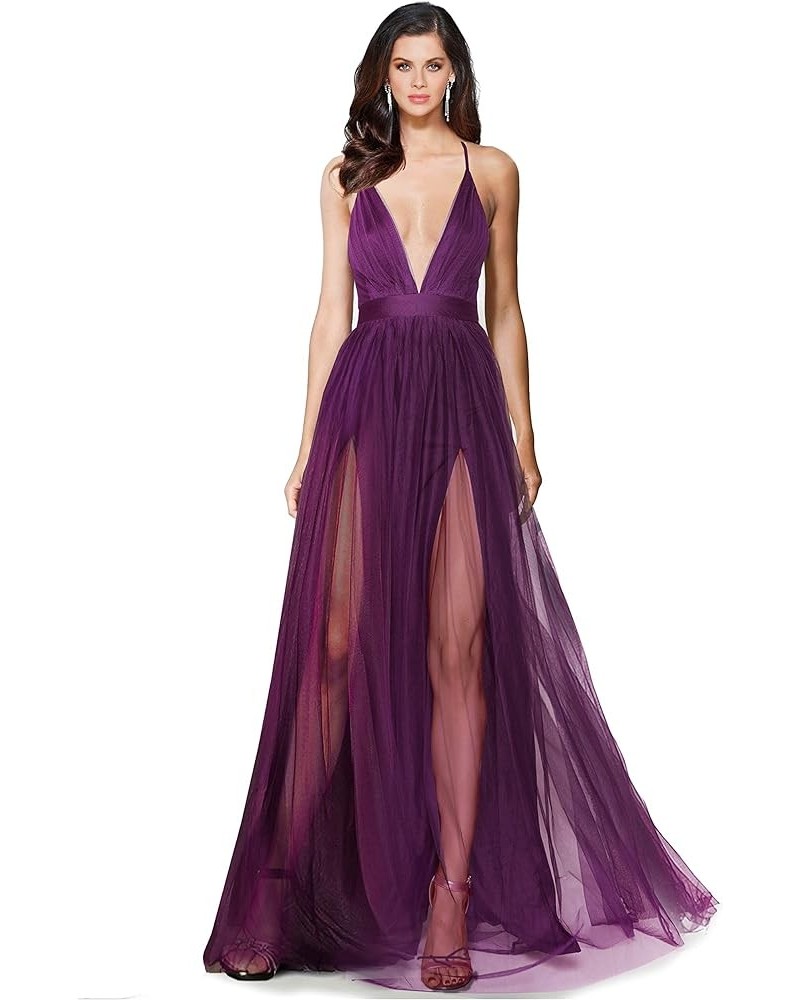 Alluring deep v-Neckline Spaghetti Straps Criss-Cross Open Back Tulle Dual Front Slits Evening Prom Formal Dress Grape $35.25...