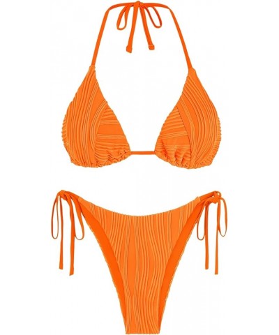 Bikini Sets for Women Halter Two Piece Swimsuit Ribbed High Cut Tie Side Thong Bathing Suit Sexy Padded Swimwear Orange $19.2...