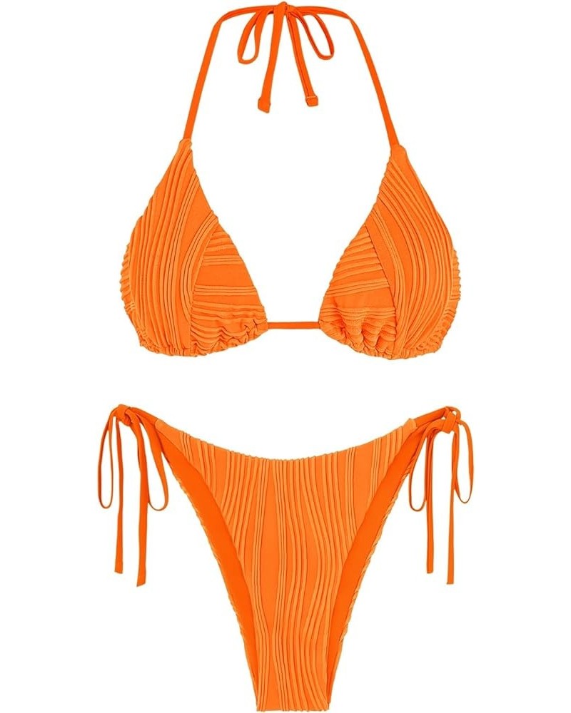 Bikini Sets for Women Halter Two Piece Swimsuit Ribbed High Cut Tie Side Thong Bathing Suit Sexy Padded Swimwear Orange $19.2...