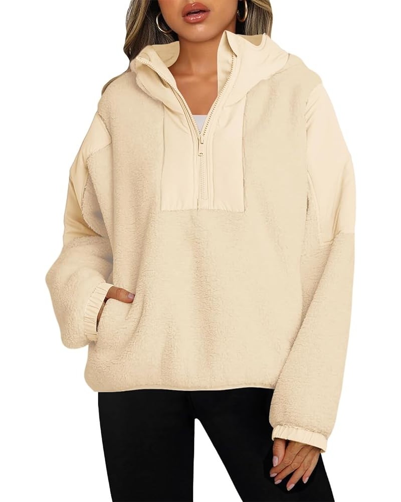 Womens Half Zip Pullover with Pockets Sherpa Hoodie Oversized Hooded Sweatshirt Warm Fleece Jackets Beige $22.87 Jackets