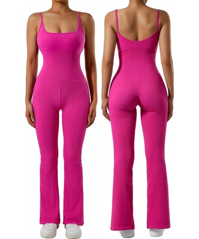 Women Ribbed Flare One Piece Jumpsuits Seamless Padded Sexy Jumpsuit 1 Hot Pink 30'' $13.62 Jumpsuits