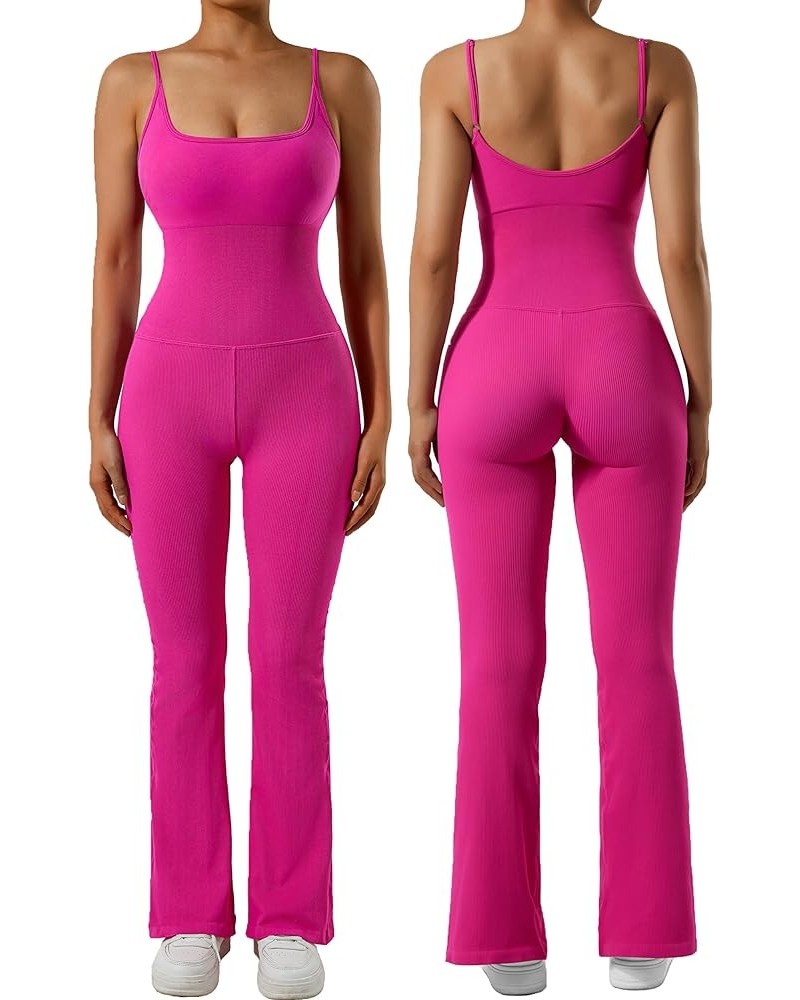 Women Ribbed Flare One Piece Jumpsuits Seamless Padded Sexy Jumpsuit 1 Hot Pink 30'' $13.62 Jumpsuits