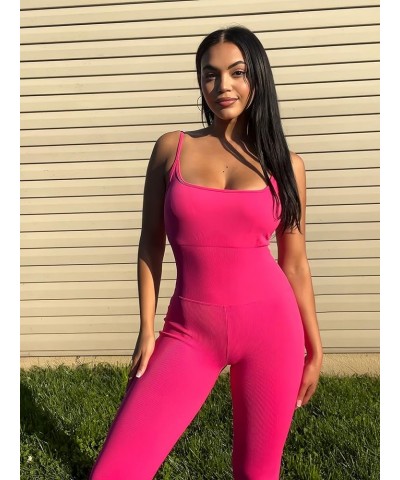 Women Ribbed Flare One Piece Jumpsuits Seamless Padded Sexy Jumpsuit 1 Hot Pink 30'' $13.62 Jumpsuits