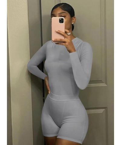 Casual Workout Two Piece Outfits for Women Crew Neck Ribbed Long Sleeved High Waist pants Matching Sets Streetwear Silver Gre...