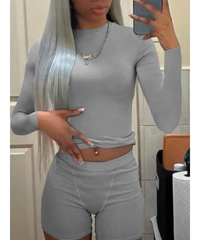 Casual Workout Two Piece Outfits for Women Crew Neck Ribbed Long Sleeved High Waist pants Matching Sets Streetwear Silver Gre...