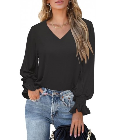 Womens Blouses Dressy Casual Tops V Neck Ruffle Balloon Long Sleeve Shirts Elegant Business Casual Outifts Black $10.25 Blouses