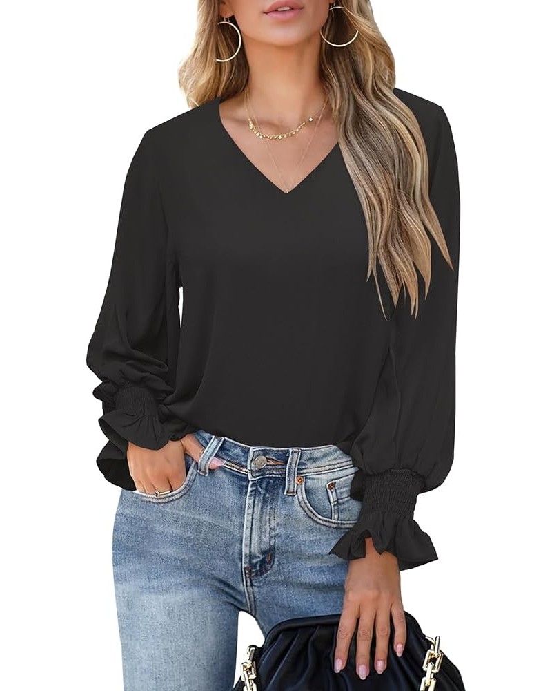 Womens Blouses Dressy Casual Tops V Neck Ruffle Balloon Long Sleeve Shirts Elegant Business Casual Outifts Black $10.25 Blouses