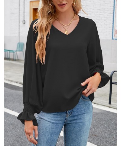 Womens Blouses Dressy Casual Tops V Neck Ruffle Balloon Long Sleeve Shirts Elegant Business Casual Outifts Black $10.25 Blouses