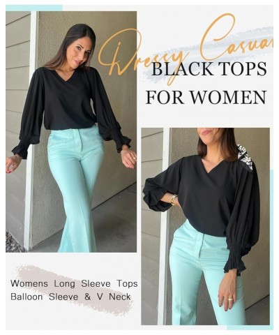 Womens Blouses Dressy Casual Tops V Neck Ruffle Balloon Long Sleeve Shirts Elegant Business Casual Outifts Black $10.25 Blouses